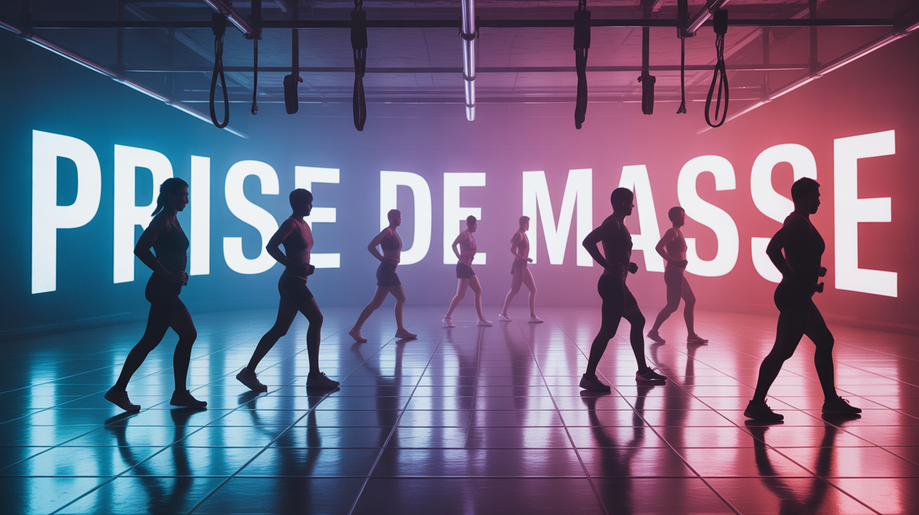 Salle de sport stylisée, prise de masse, musculation