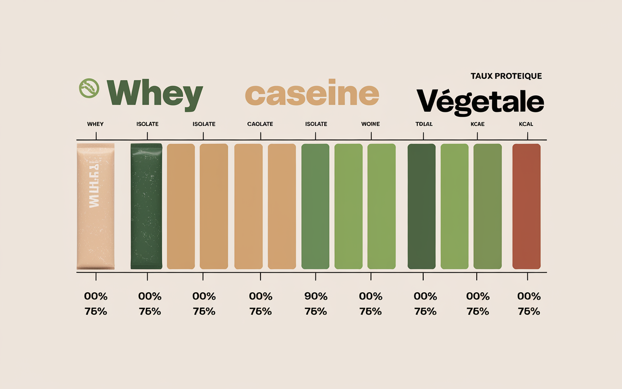 Tableau illustratif sachets whey isolat caseine vegetale, taux proteique et kcal