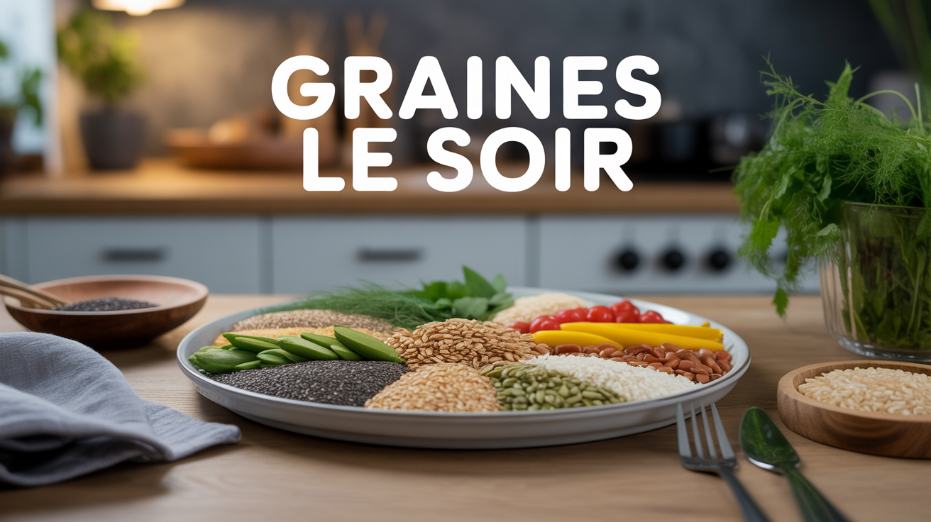 assiette avec mélange graines chia sésame courge lin tournesol ambiance soirée