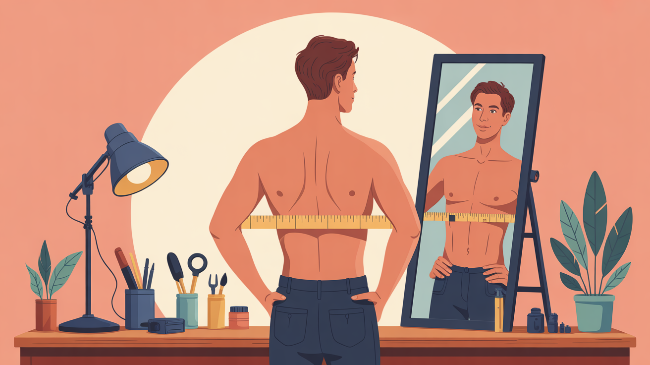 Homme mesure taille avec metre ruban devant miroir