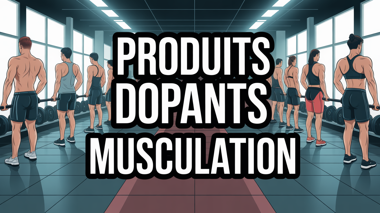 Salle musculation stylisée, silhouettes athlétiques, halteres, titre central produits dopants