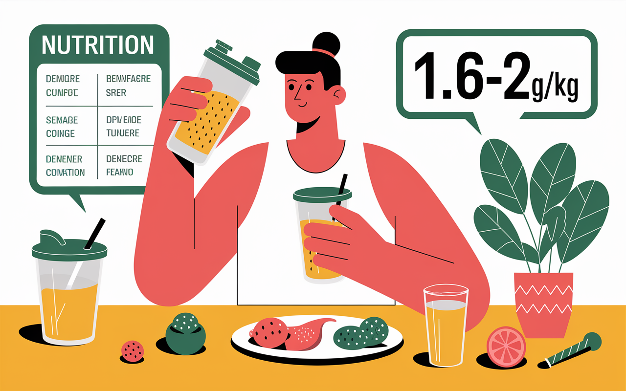 Balance cuisine, shaker proteine, chiffre 1.6-2g/kg, personnage shake