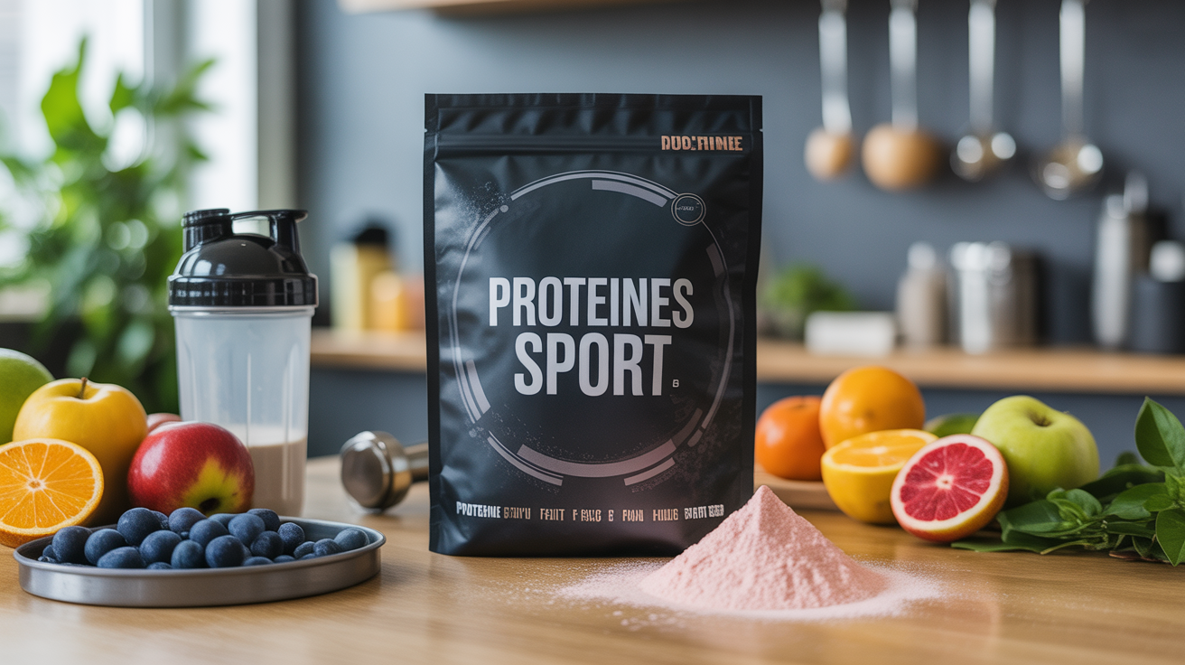 Paquet de proteines sport Impact Whey Isolate avec shaker et fruits sur table