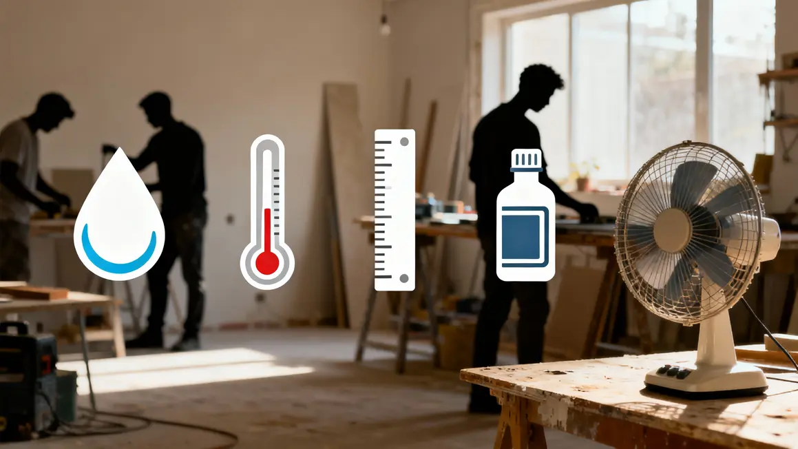 Diagramme cinq facteurs clé délais de séchage matériaux, icônes