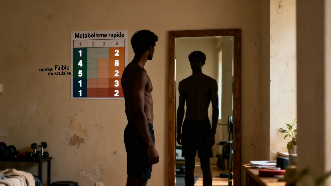 Silhouette masculine fine devant miroir, tableau métabolisme rapide