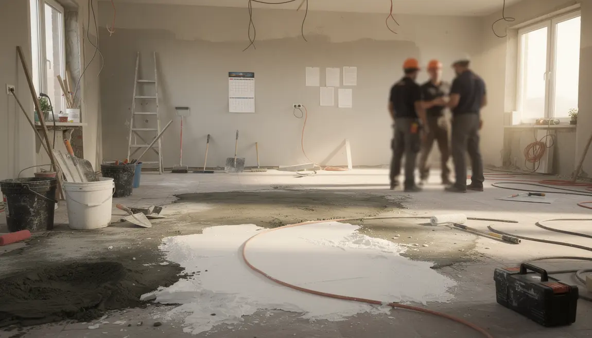 Chantier intérieur divers matériaux au sol, calendrier, organisation délais de séchage