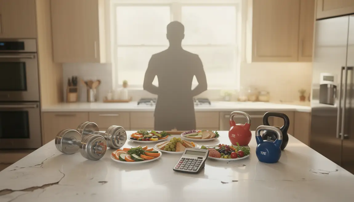Silhouette devant balance, assiette équilibrée, haltère et calculette, ambiance cuisine moderne