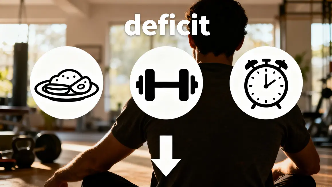 Silhouette, flèche descendante, assiette, haltère, horloge, mot deficit