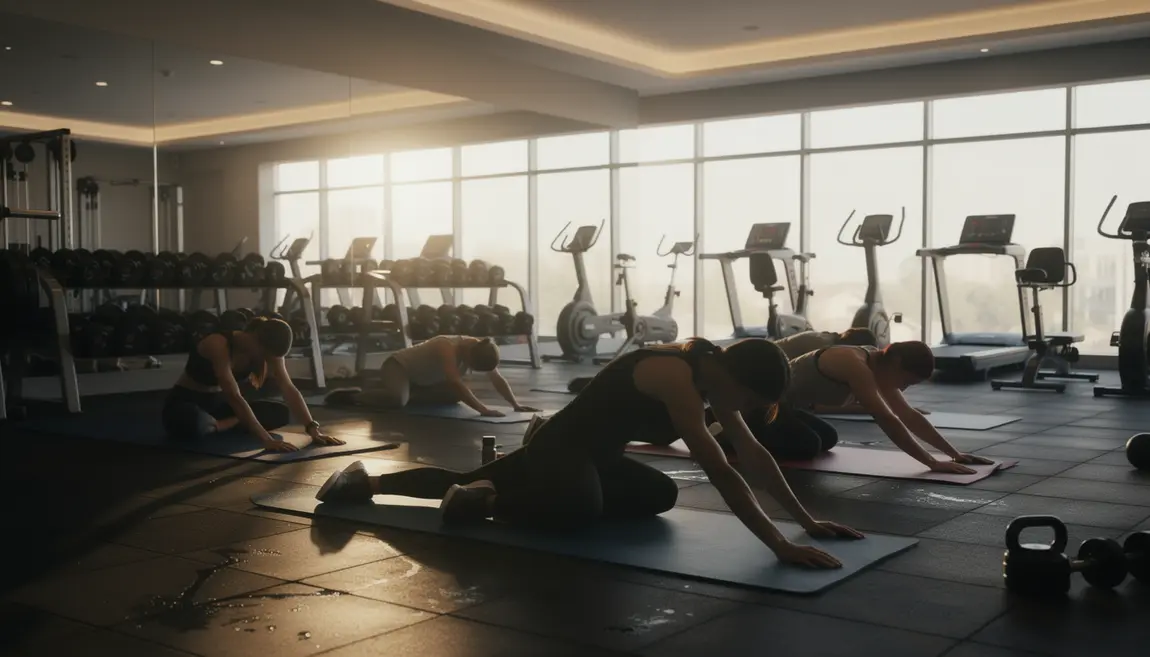 étirements récupération sportifs sur tapis salle de sport post-effort