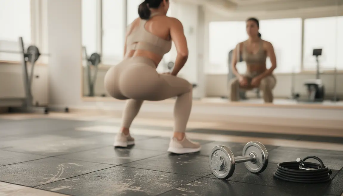 Personne effectuant un squat fessier en salle de sport avec haltères et bandes élastiques