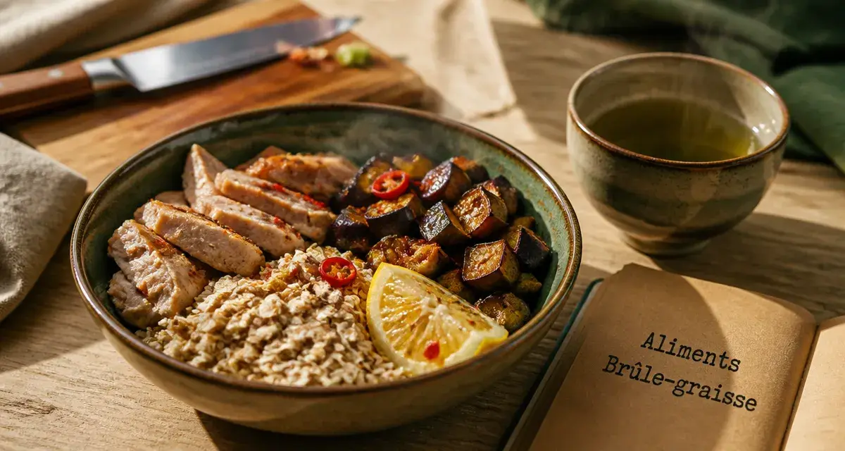 Aliments brûle graisse : bol au poulet, aubergine et thé vert