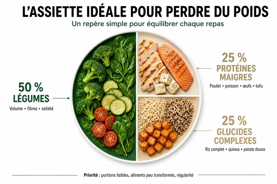 Composition idéale d'une assiette pour perdre du poids : légumes, protéines et glucides complexes