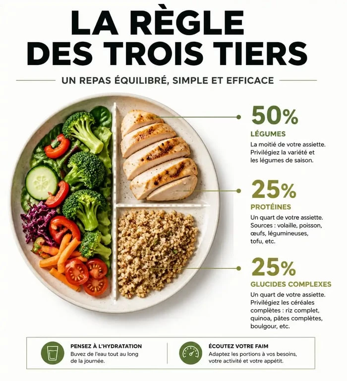 Infographie de la règle des trois tiers pour un plan alimentaire pour perte de poids équilibré