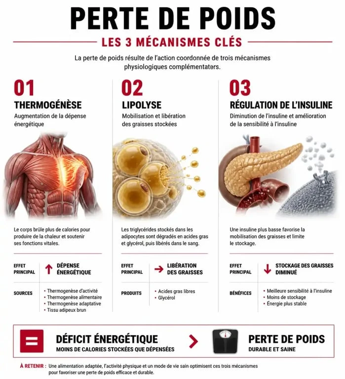 Infographie expliquant les mécanismes des aliments brûle graisse : thermogenèse, lipolyse et régulation de l'insuline pour la perte de poids.