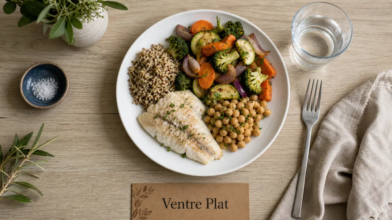 Maigrir du ventre alimentation : dîner léger aux fibres, assiette salade et quinoa