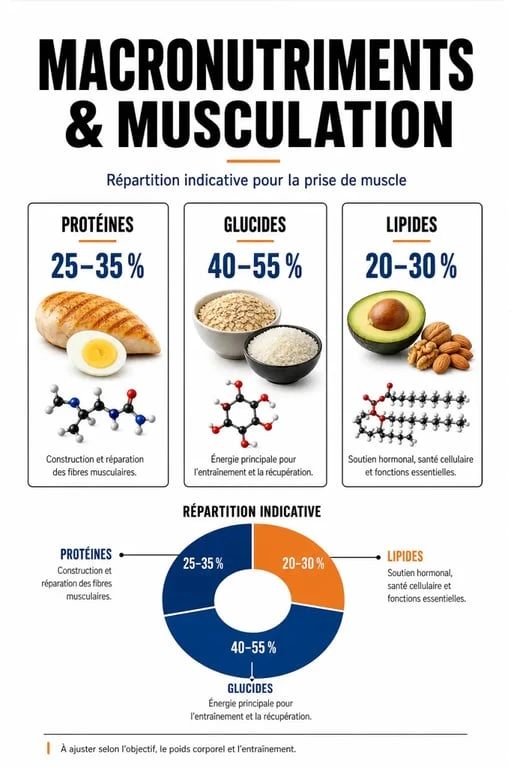 Infographie sur la nutrition pour la musculation : répartition des macronutriments