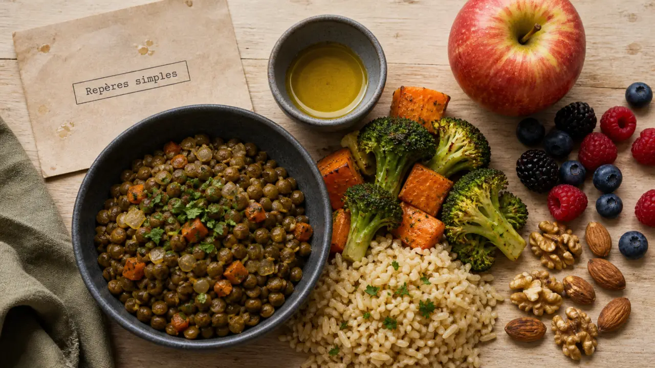 Lentilles, légumes et riz complet : aliment bon pour la santé riche en fibres