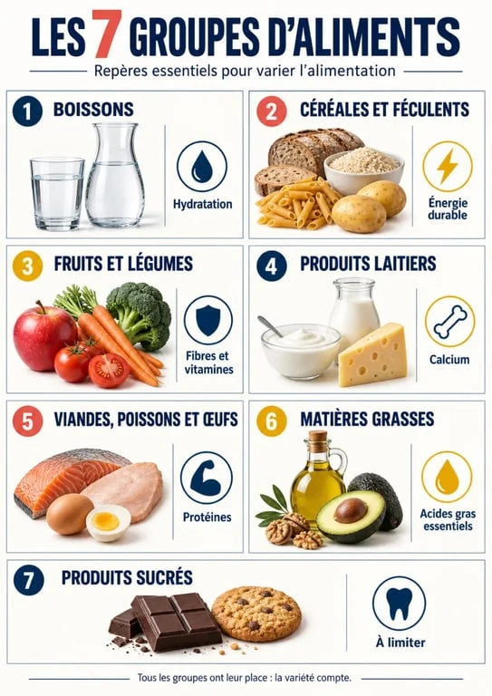 Infographie des 7 groupes d'aliments tableau avec exemples et rôles nutritionnels