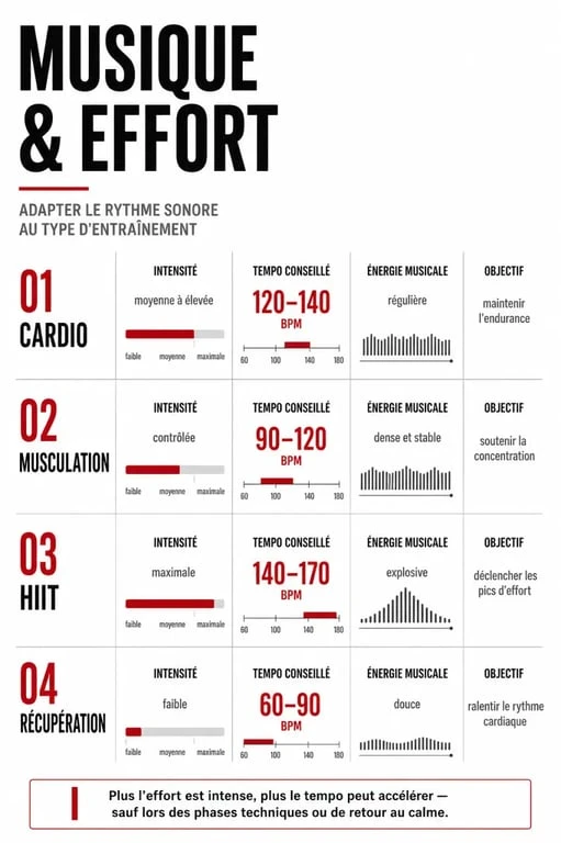 Musique de salle de sport : comparaison visuelle des genres musicaux selon cardio, musculation, HIIT et récupération