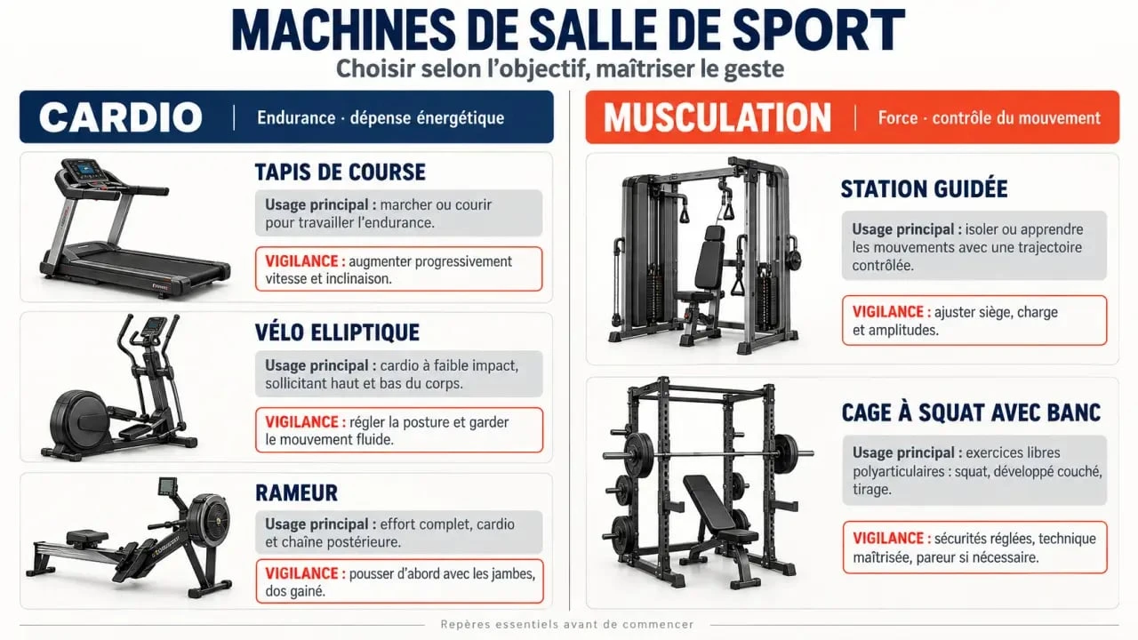 Infographie comparative des machines de salle de sport selon leur usage et leurs points de vigilance
