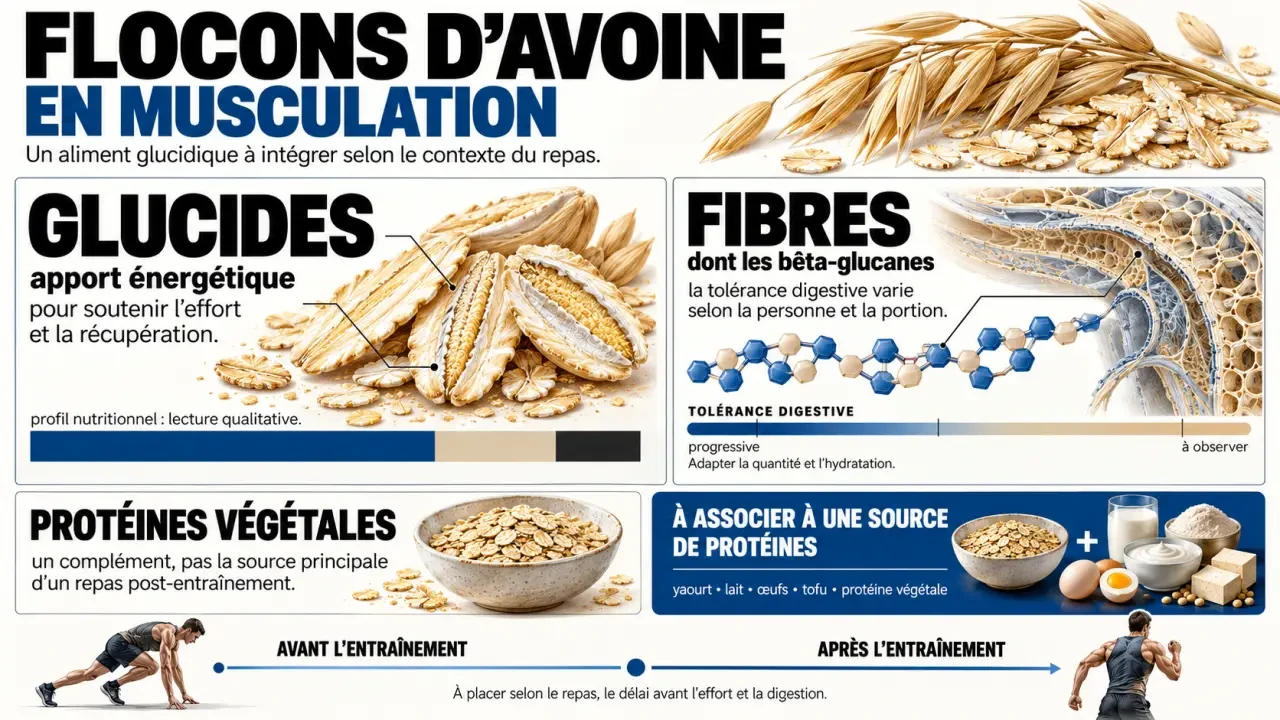 Infographie sur les flocons d’avoine en musculation, leurs glucides, fibres et protéines